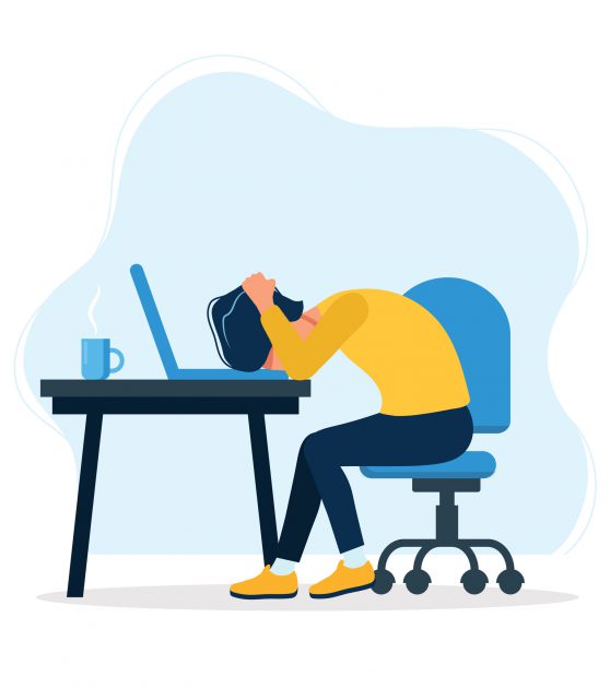 Burnout concept illustration with exhausted man office worker sitting at the table. Frustrated worker, mental health problems. Vector illustration in flat style vector illustration in flat style